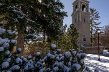 A snowy scene on the University of Denver campus.